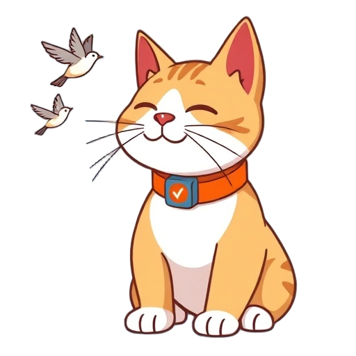 "cat wearing Bird Alert collar" "calm birds flying away" "gentle, protective aura" "nature harmony" "eco friendly device" "no bells" "orange collar with subtle pheromone icon" "soft blue background" "clear outline" "illustrative, friendly style"
