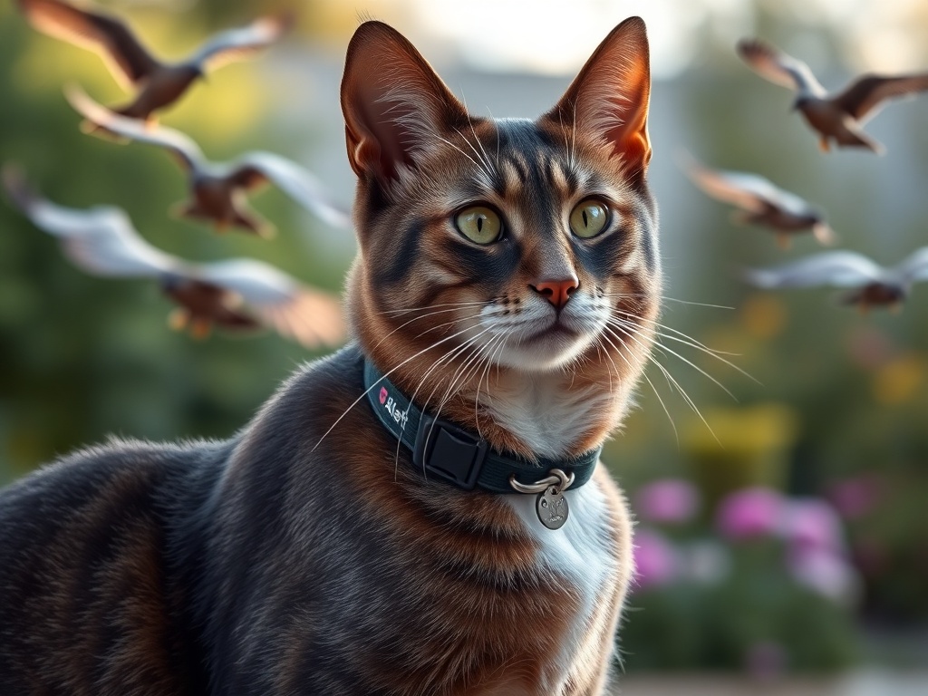 A close-up of a sleek cat wearing Bird Alert on its collar, birds in the distance taking off, soft natural light, calm garden backdrop, no logos.