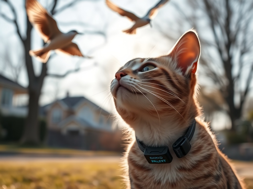 "A serene outdoor scene showing a curious cat wearing a sleek Bird Alert collar, birds in flight overhead, a natural, protected neighborhood backdrop, soft sunlight, calm and harmonious wildlife balance."