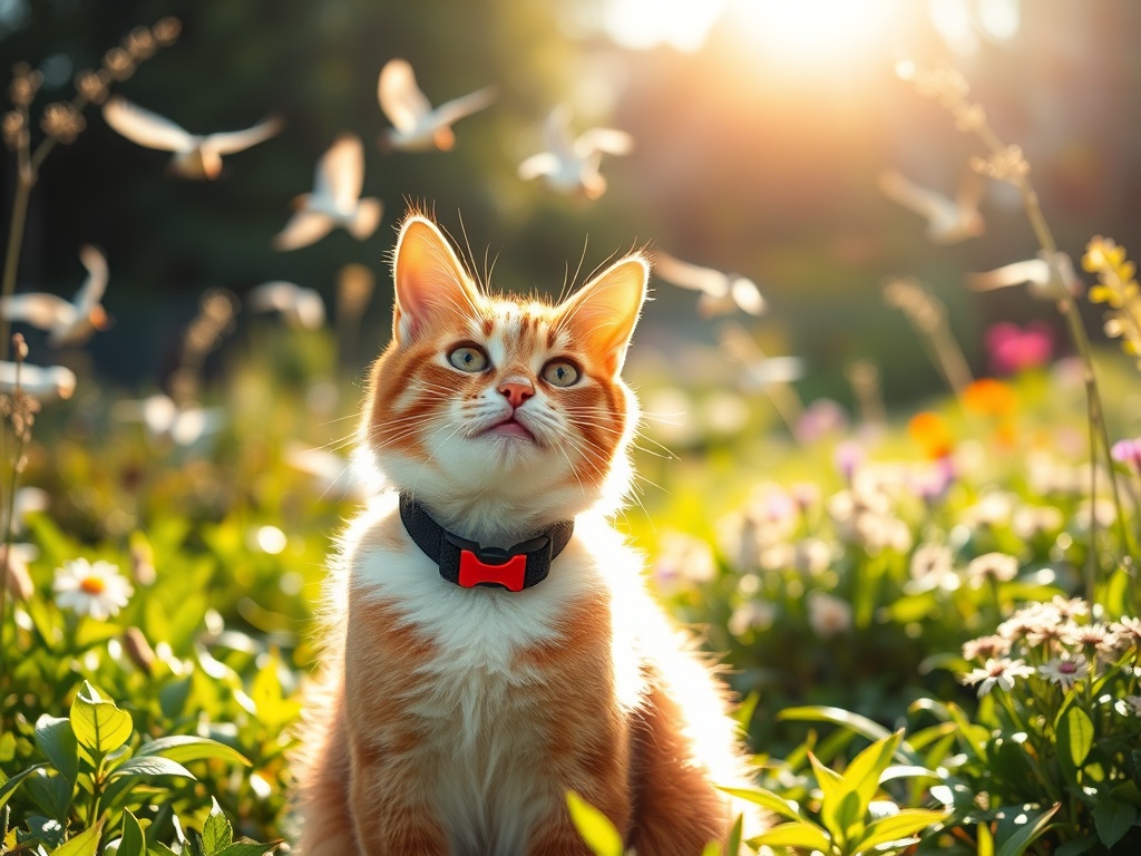 "A serene, sunlit garden scene with a content cat wearing a Bird Alert collar, birds taking flight in the background, natural harmony and vibrant greenery."