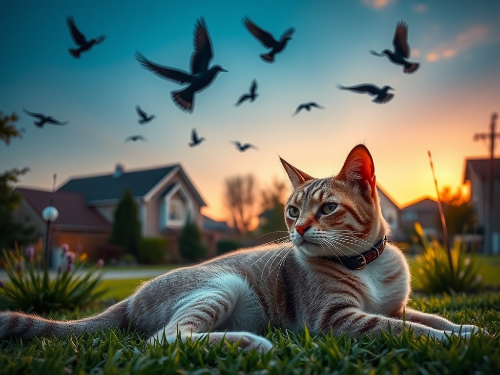 "A serene suburban garden at dusk, a sleek cat collar visible on a lounging cat, birds in flight warning silhouettes overhead, soft pheromone glow."