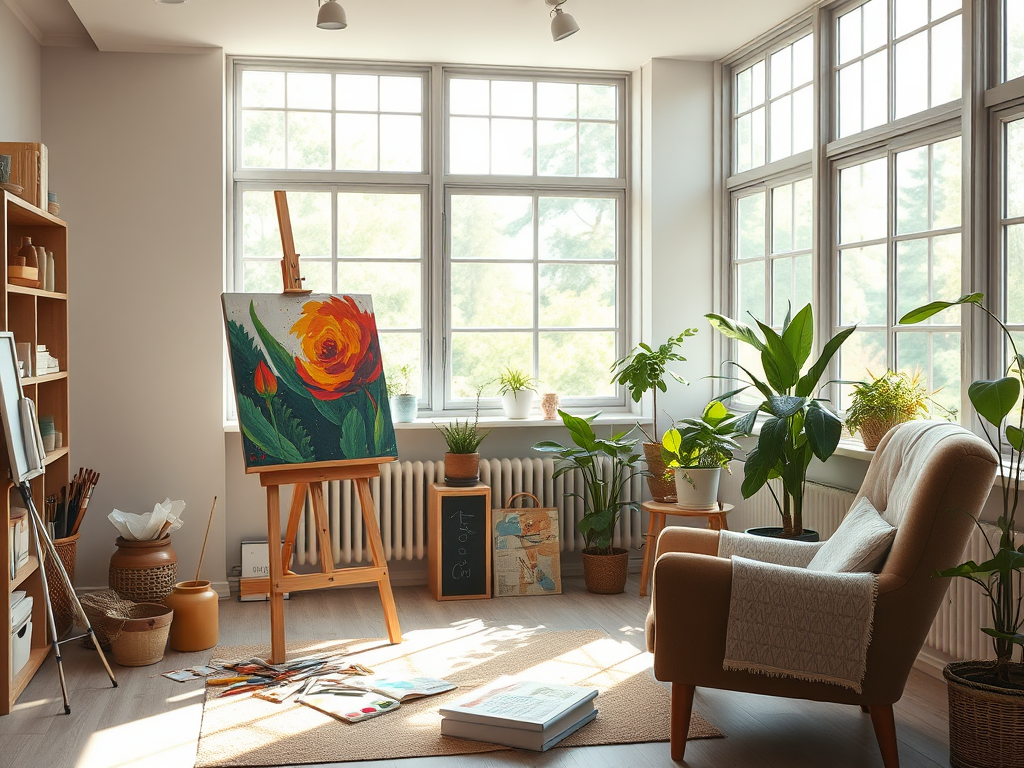 "A serene artist's studio" with "soft natural light streaming through large windows," "a wooden easel holding a vibrant painting," "scattered paintbrushes and colorful palettes," "cozy armchair with a sketchbook," and "plants adding greenery in the backgr
