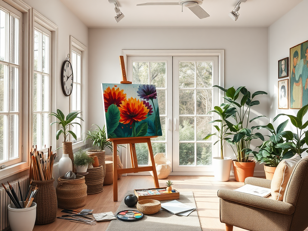 "A serene artist's studio" with "soft natural light streaming through large windows," "a wooden easel holding a vibrant painting," "scattered paintbrushes and colorful palettes," "cozy armchair with a sketchbook," and "plants adding greenery in the backgr