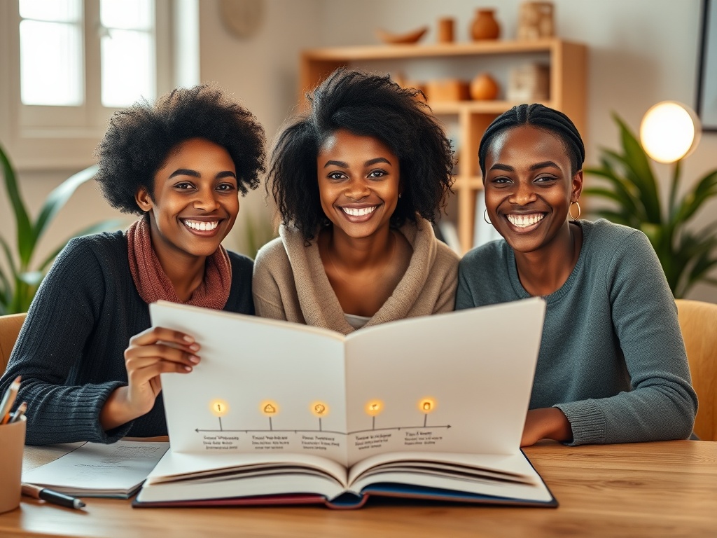 "warm welcoming study space with three diverse adults smiling, sketchbook open, subtle roadmap timeline with 12 glowing steps, balanced symbols for focus and self-care, community circle light"