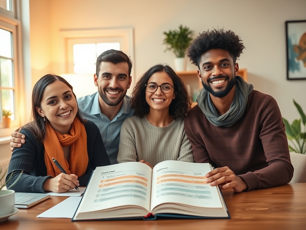 "warm welcoming study space with three diverse adults smiling, sketchbook open, subtle roadmap timeline with 12 glowing steps, balanced symbols for focus and self-care, community circle light"