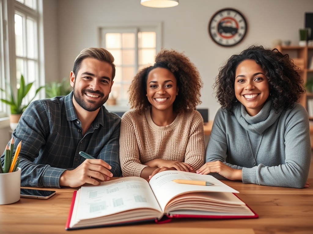 "warm welcoming study space with three diverse adults smiling, sketchbook open, subtle roadmap timeline with 12 glowing steps, balanced symbols for focus and self-care, community circle light"