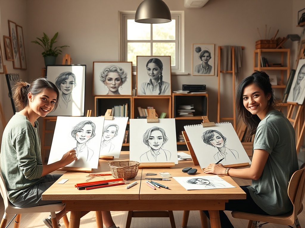 A serene studio with three diverse artists at drawing tables, showing sketches evolving into confident, expressive portraits, warm light, supportive coaching vibe, dynamic practice energy