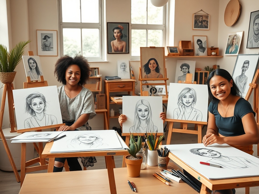A serene studio with three diverse artists at drawing tables, showing sketches evolving into confident, expressive portraits, warm light, supportive coaching vibe, dynamic practice energy