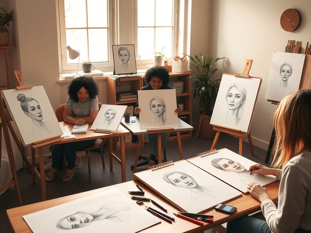 A serene studio with three diverse artists at drawing tables, showing sketches evolving into confident, expressive portraits, warm light, supportive coaching vibe, dynamic practice energy