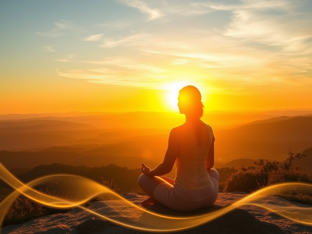 "golden sunrise" over "peaceful natural landscape," "female entrepreneur meditating," surrounded by "subtle glowing energy waves," "breathing exercises with flowing light"