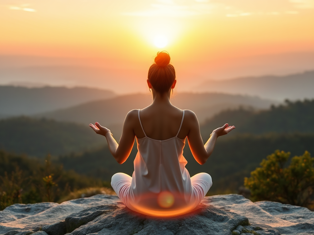 "golden sunrise" over "peaceful natural landscape," "female entrepreneur meditating," surrounded by "subtle glowing energy waves," "breathing exercises with flowing light"