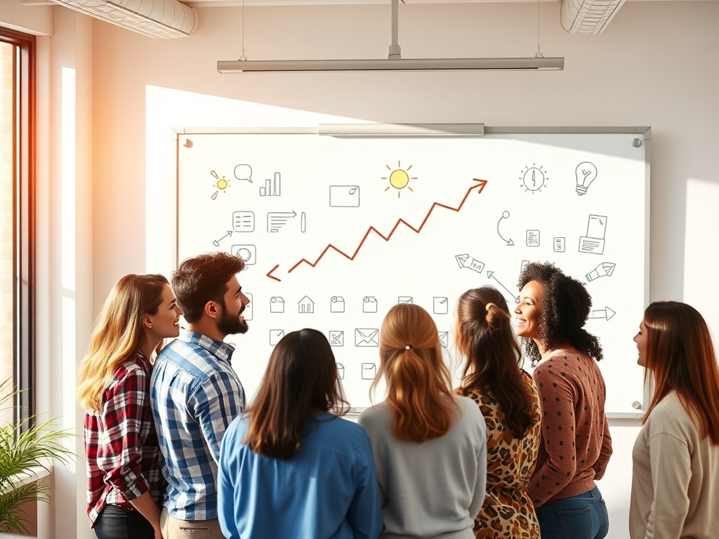 "A vibrant team huddle around a bright whiteboard, arrows and icons illustrating progress, diverse members smiling, warm sunlight, modern office."