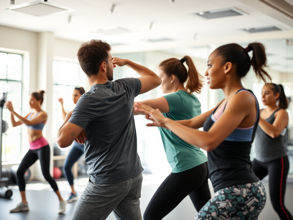 Een persoonlijke training in een lichte sportschool met diverse deelnemers.
