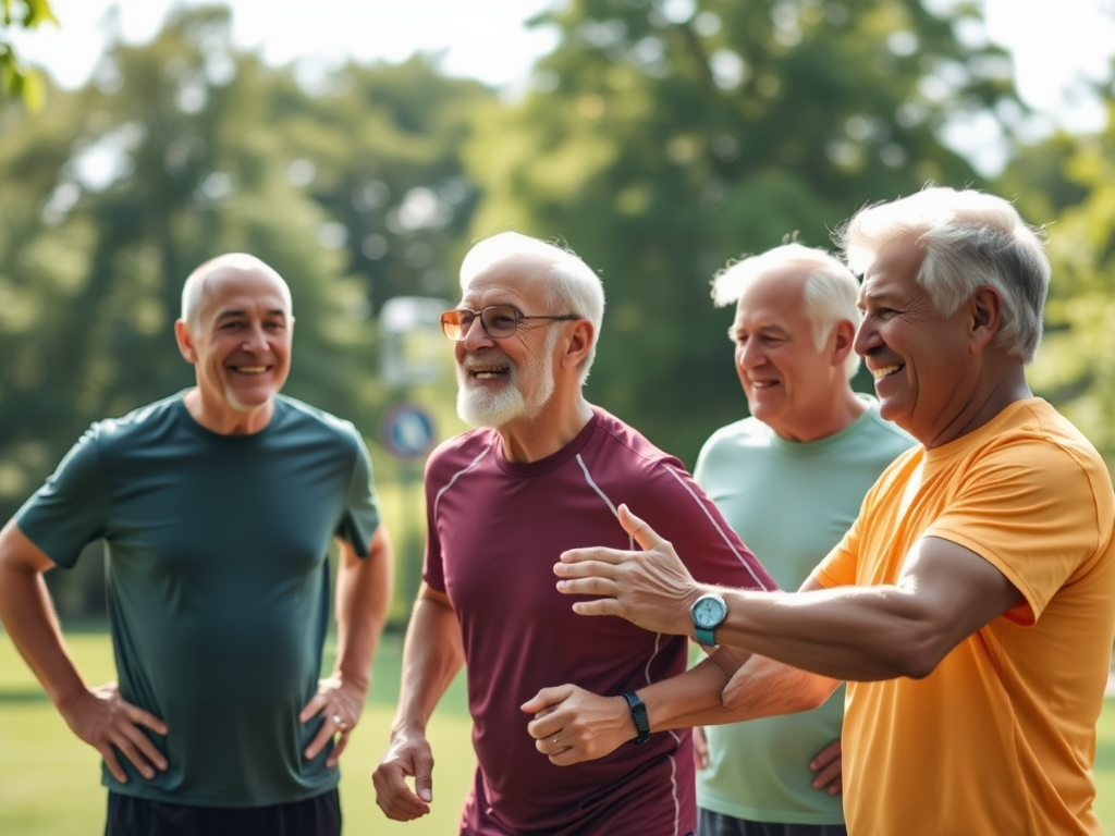 Een groep oudere mannen die samen buiten trainen en lachen.