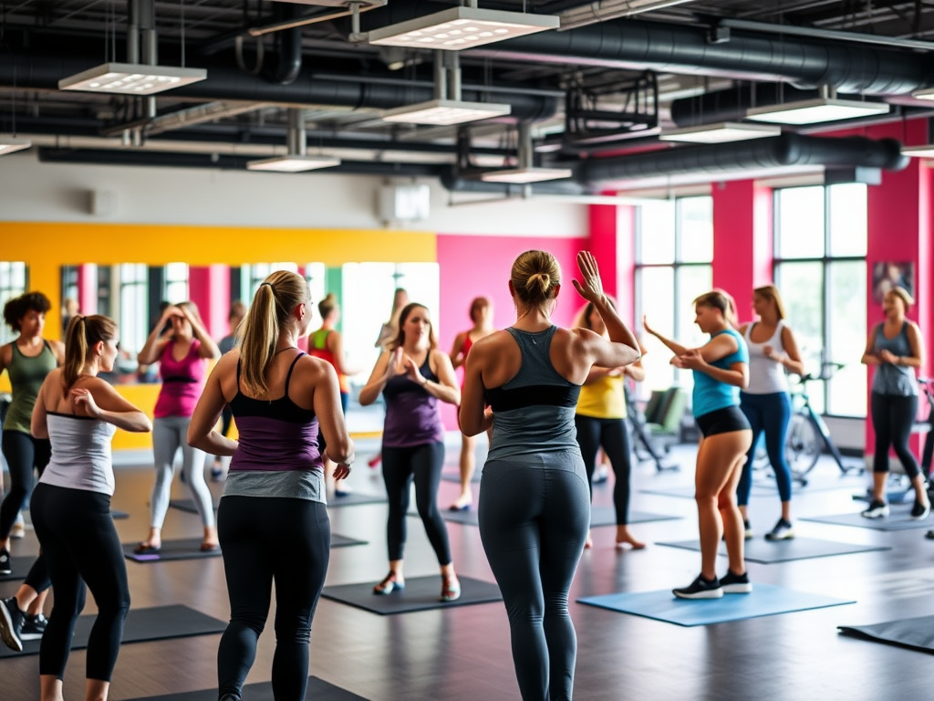 Een levendige fitnessstudio met vrouwen die samen trainen.