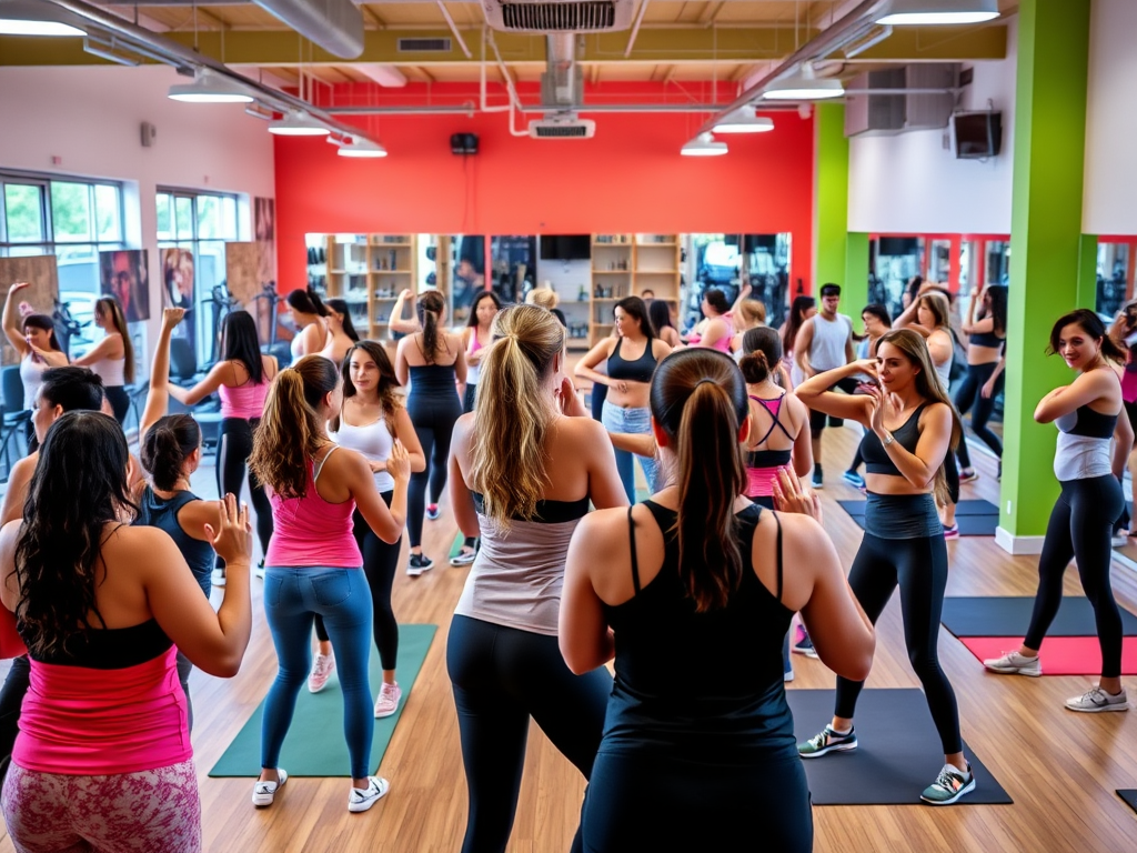 Een levendige fitnessstudio met vrouwen die samen trainen.