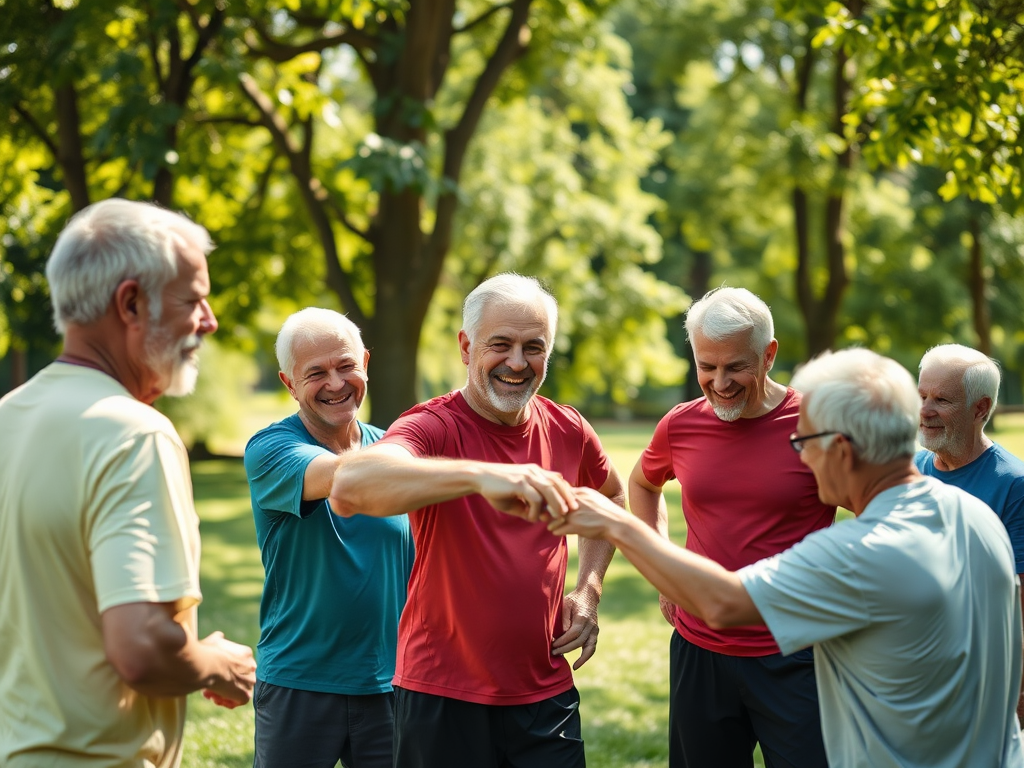 Een groep oudere mannen traint samen in de natuur.