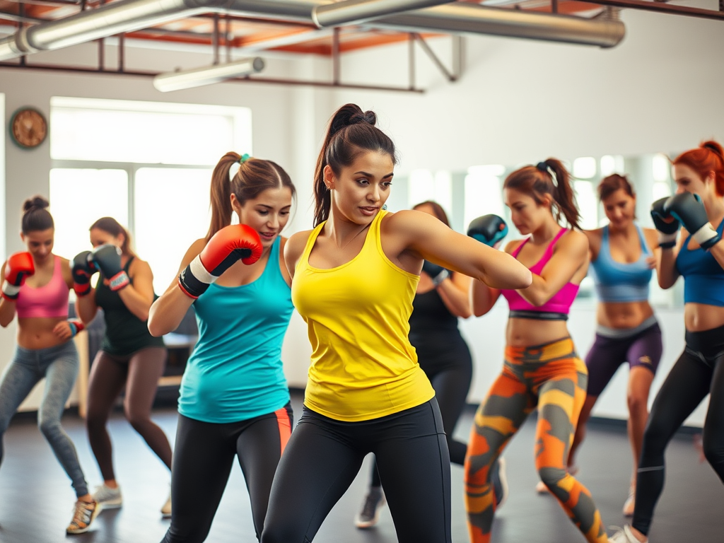 Een levendige kickbokstraining met diverse vrouwen in sportkleding.