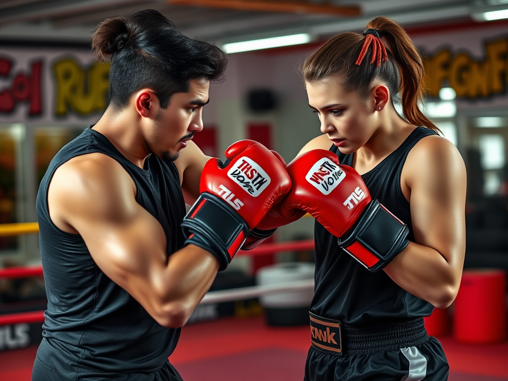 Intense kickbokstraining met trainer en student in de gym.
