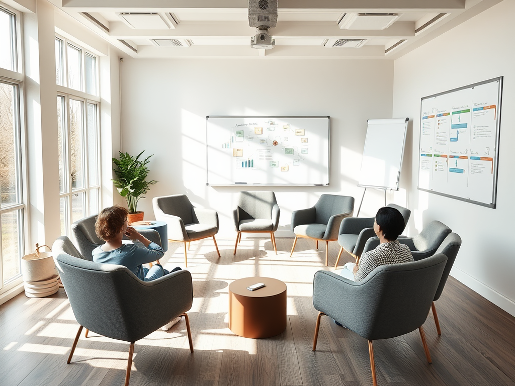 Een rustige coachingsruimte met comfortabele stoelen en natuurlijk licht.