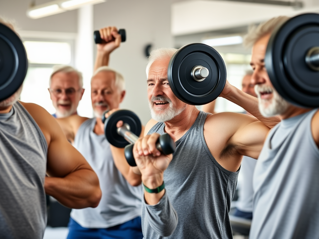 Een groep oudere mannen traint met gewichten in de gym.