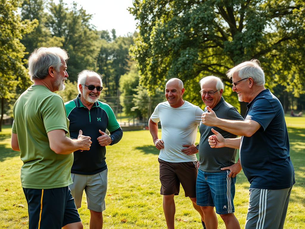 Een groep oudere mannen geniet van een training in de natuur.