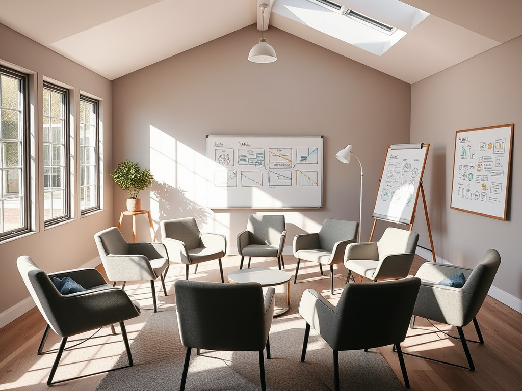 Een rustige coachingsruimte met comfortabele stoelen en natuurlijke lichtinval.