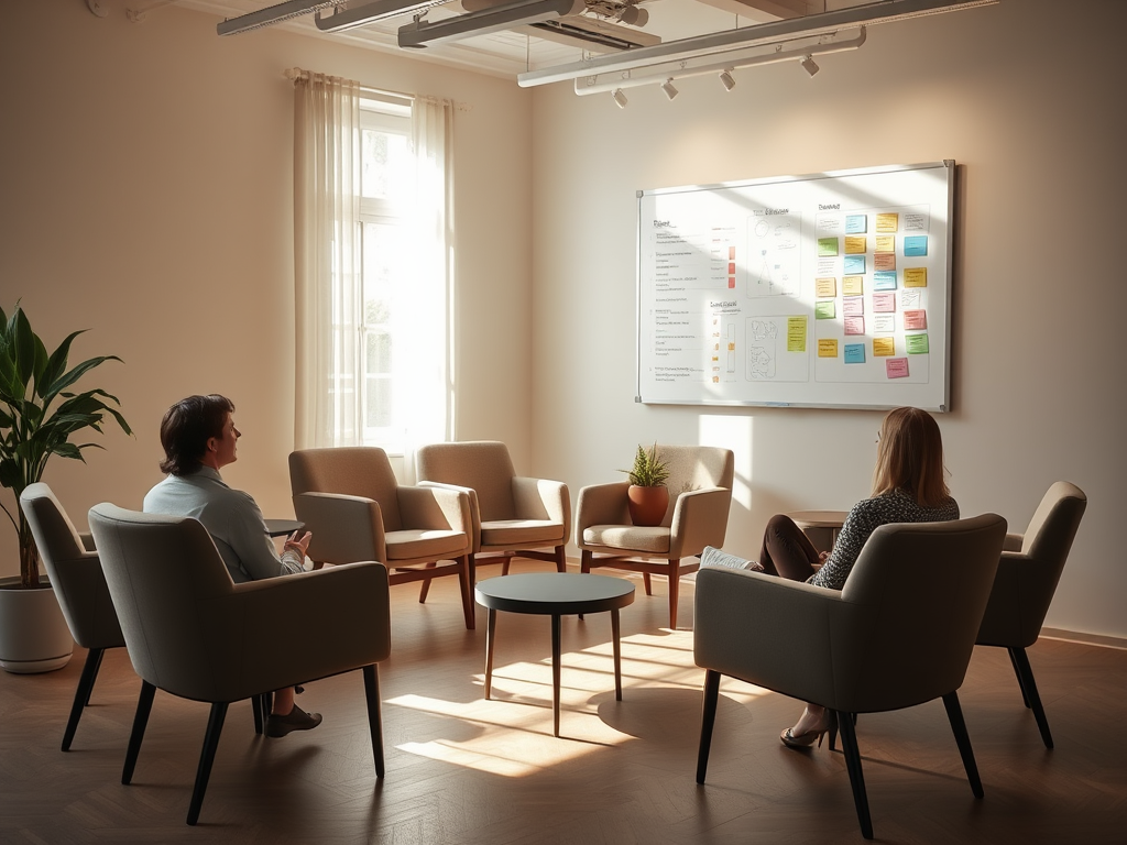 Een serene coachingsruimte met comfortabele stoelen en een whiteboard.
