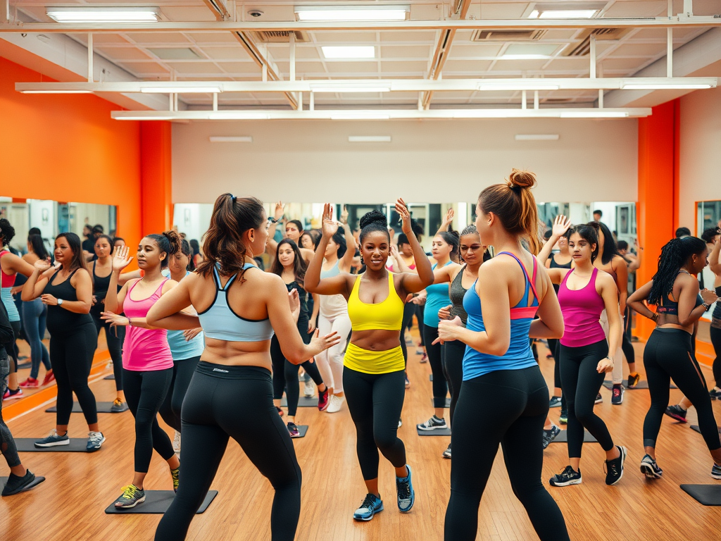 Een levendige fitnessstudio met vrouwen die samen trainen.
