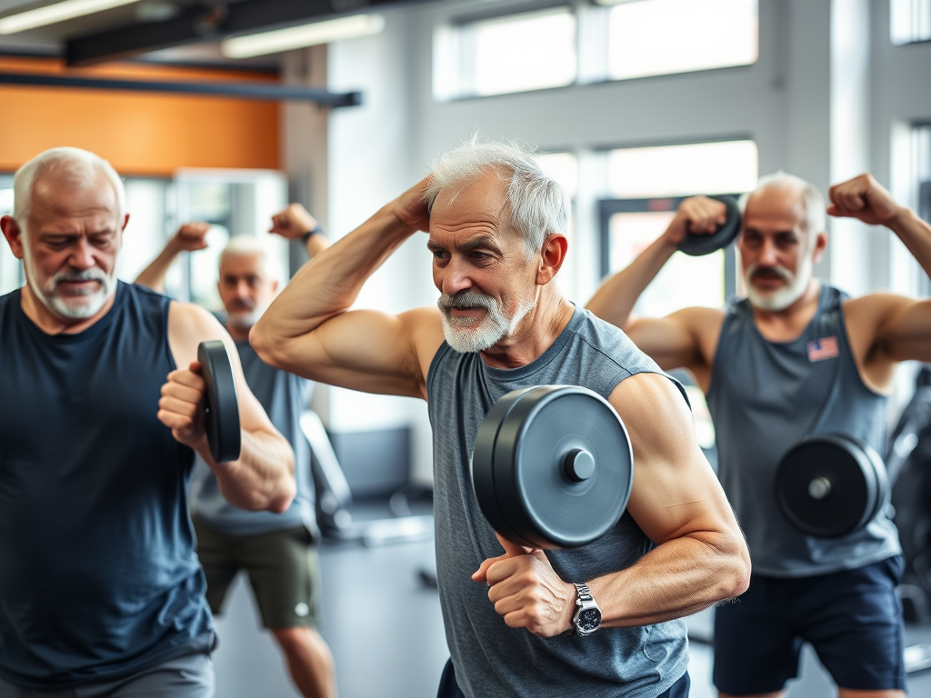 Een groep oudere mannen traint met gewichten in de gym.