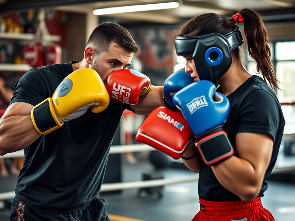 Intense kickboxing training met kleurrijke handschoenen.