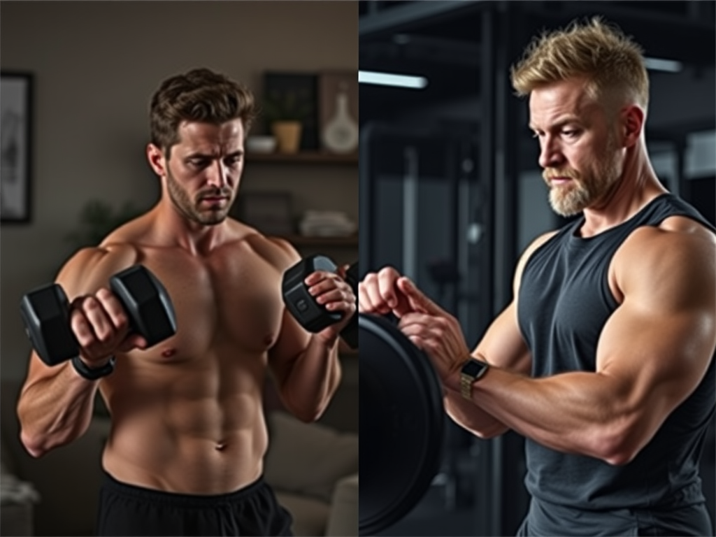 Twee mannen die gefocust trainen, één thuis en één in de sportschool.