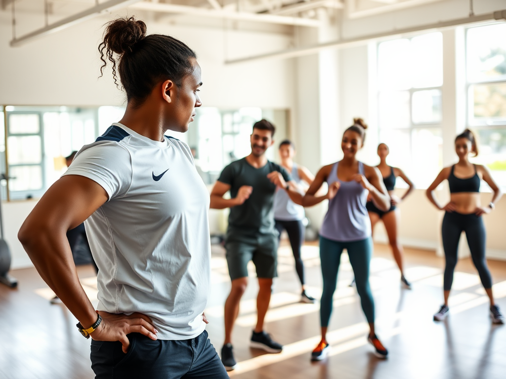 Een persoonlijke training in een lichte sportschool met een trainer en diverse deelnemers.