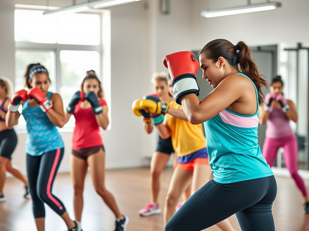 Een levendige kickboksles met diverse vrouwen in sportkleding.