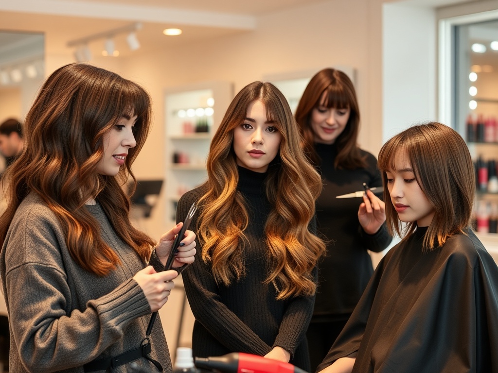 "Three hairstylists demonstrating winter haircuts in a bright salon" "models with layered cuts, statement fringe, glossy finishes" "tools