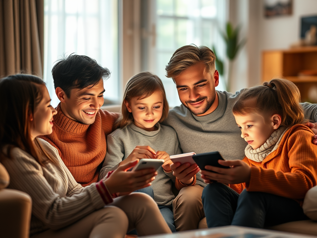 Een gezin bespreekt digitaal gebruik in een warme woonkamer.