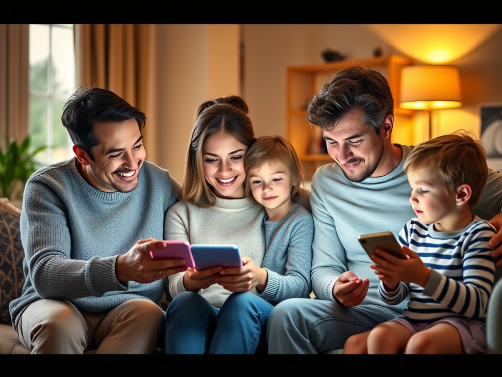 Een gezin in een gezellige woonkamer, samen met digitale apparaten.