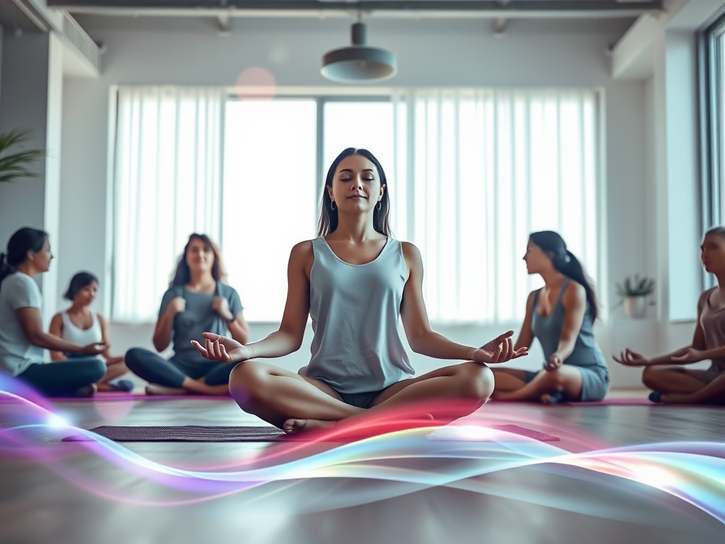 "a serene female entrepreneur meditating" "soft glowing energy flows around her" "diverse women collaborating in a bright workshop space" "breathwork and movement surrounded by calming natural elements" "subtle vibrant energy waves representing prana"
