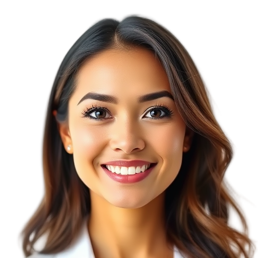 A confident woman smiling to the camera with a white background looking like