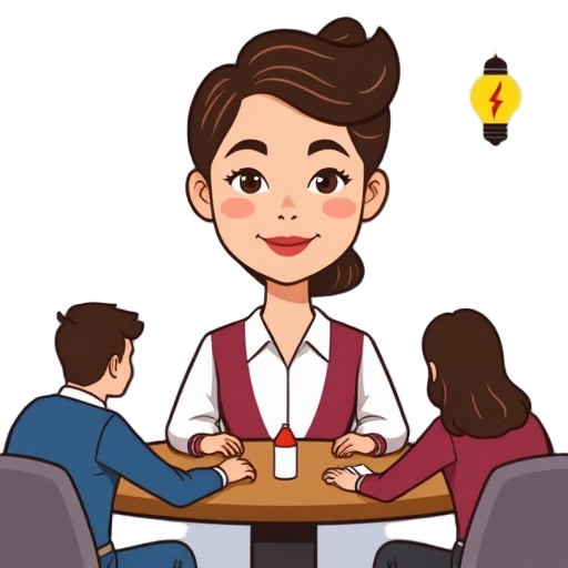 "woman leader" "calm face" "growth arrows" "circle group" "workshop table" "business focus" "connection hands" "light bulb"