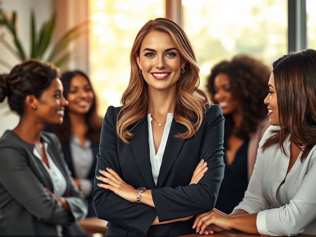 "Confident female CEO", "calm serene workspace", "diverse women collaborating", "warm natural light", "symbols of growth and leadership", "modern elegant design", "peaceful, empowering atmosphere"