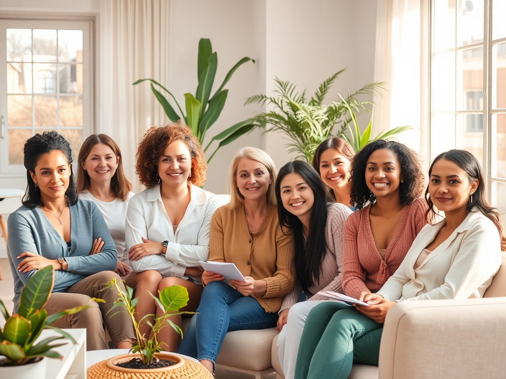 "diverse group of confident women in a serene, sunlit modern workshop space" "warm natural light filtering through large windows" "calm and focused expressions" "elements symbolizing growth like plants and notebooks" "soft pastel color palette with cozy s