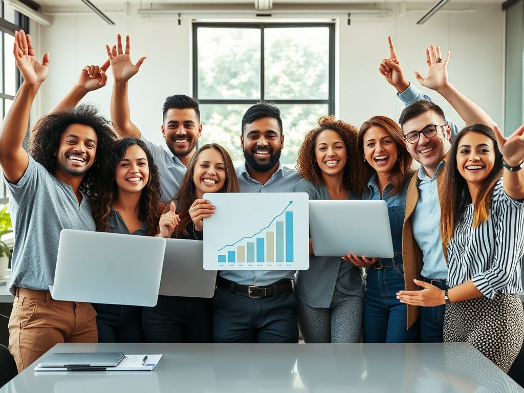 A diverse group of confident entrepreneurs celebrating success, "bright office space," "charts showing growth," "joyful expressions," "modern laptops," "natural sunlight," "collaborative atmosphere"