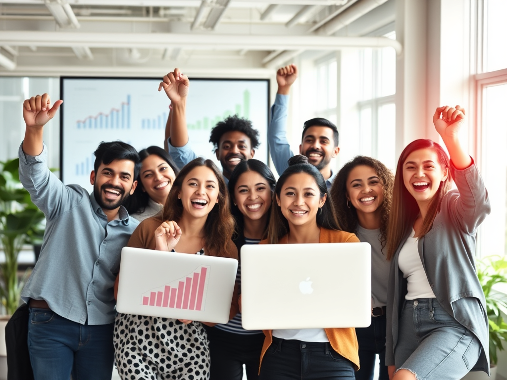 A diverse group of confident entrepreneurs celebrating success, "bright office space," "charts showing growth," "joyful expressions," "modern laptops," "natural sunlight," "collaborative atmosphere"