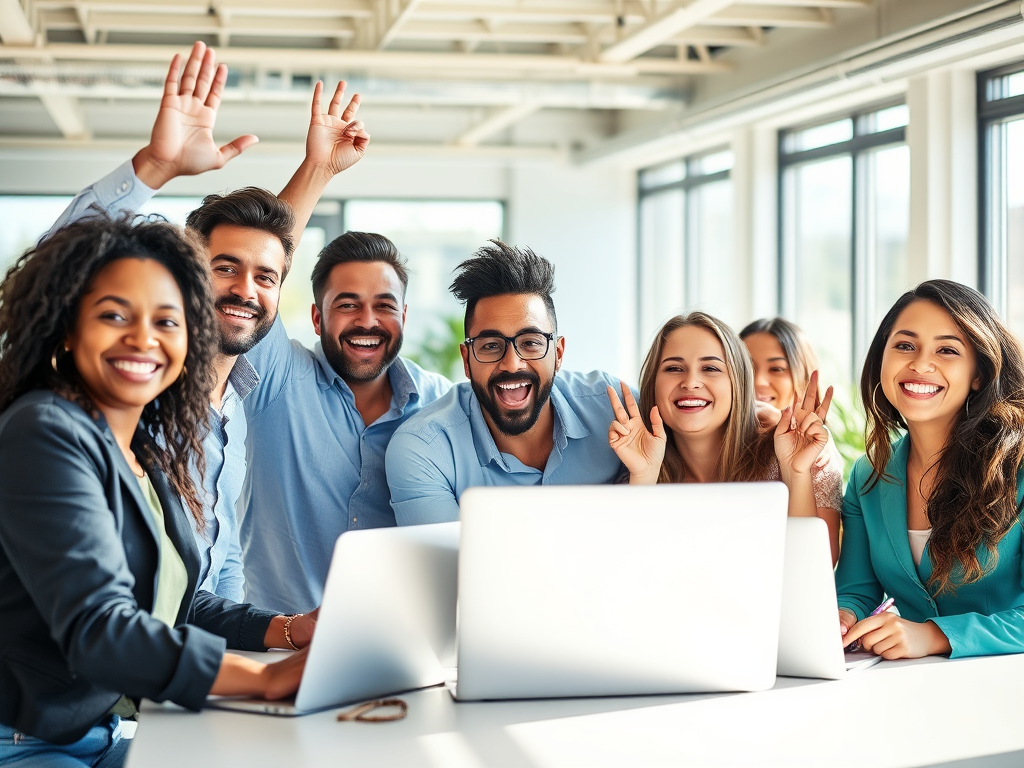 A diverse group of confident entrepreneurs celebrating success, "bright office space," "charts showing growth," "joyful expressions," "modern laptops," "natural sunlight," "collaborative atmosphere"