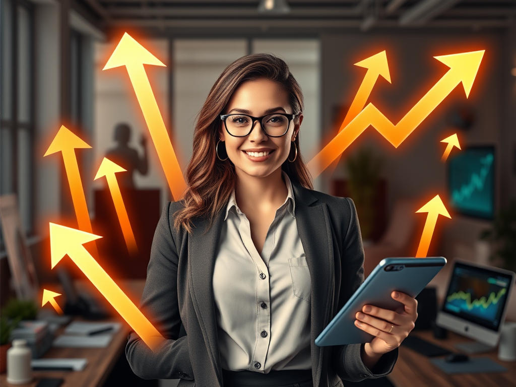 "a confident woman entrepreneur" "surrounded by glowing upward arrows" "digital devices showing growth charts" "bright, vibrant workspace" "symbols of success and empowerment" "modern, energetic atmosphere"