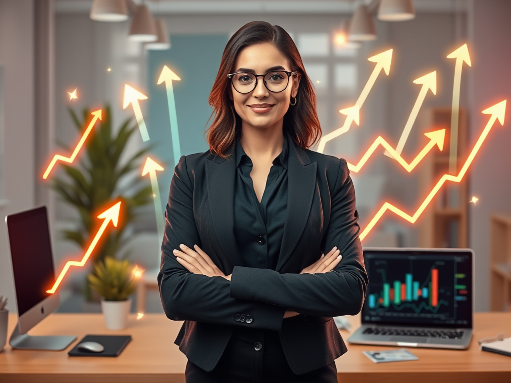 A confident woman entrepreneur surrounded by glowing charts, upward arrows, and digital devices, symbolizing growth, strategy, and success in a vibrant, modern workspace.