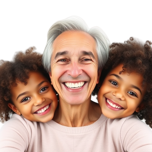 Een blije man omringd door twee lachende kinderen.