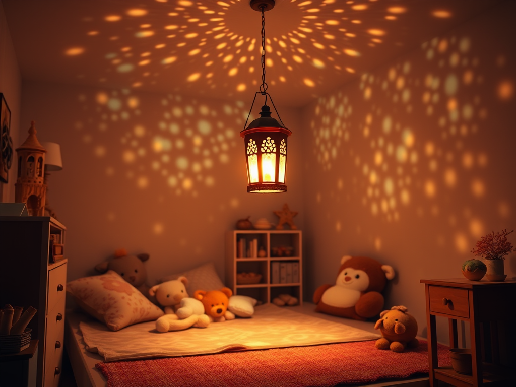 Een knusse kinderkamer met een warme lantaarn.