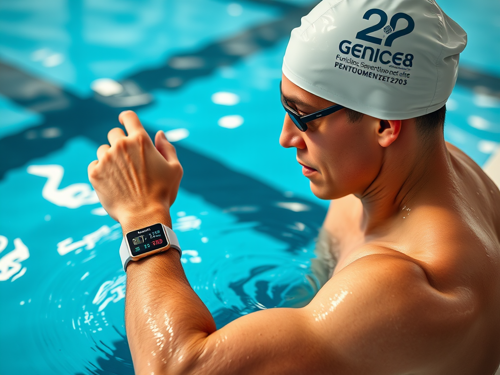 Een zwemmer bekijkt prestatiegegevens op een smartwatch.